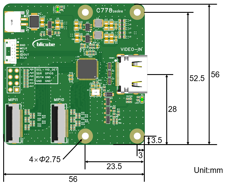 C778 56×56 mm PCB and mounting dimensions