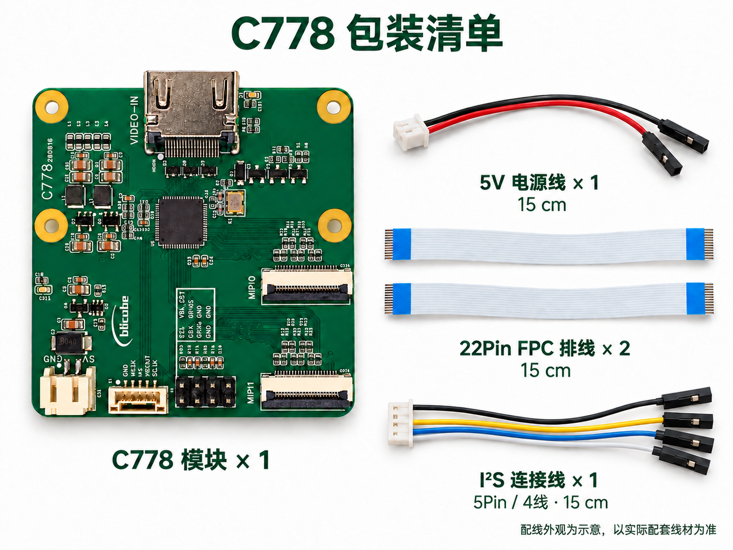 C778 包装清单示意:模块 ×1、5V 电源线 ×1、22Pin 15cm FPC 排线 ×2、I²S 连接线 ×1